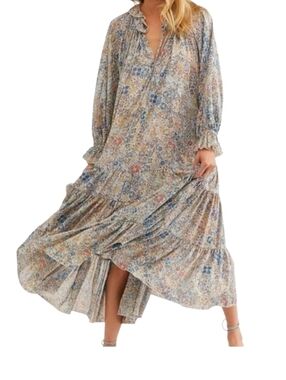 Free People Feeling Groovy Long Sleeve Flowy Maxi Dress Blue Floral Size M